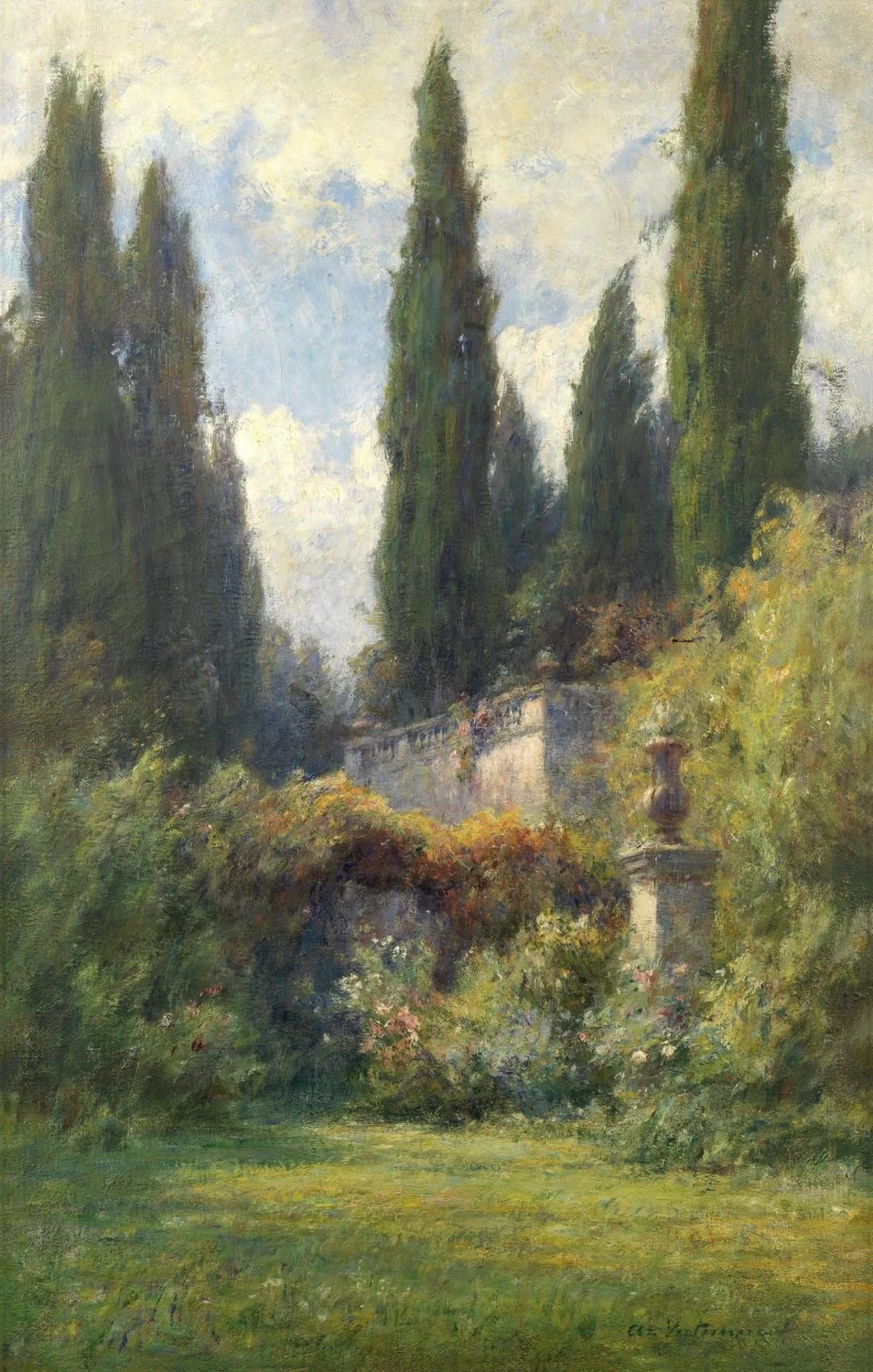 Giardino estivo con terrazza prima dei pioppi